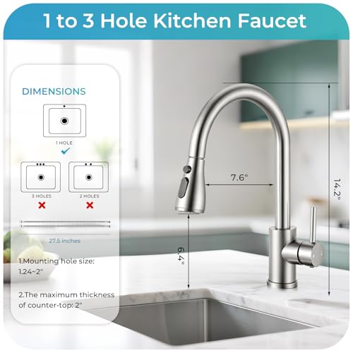 Image of Brushed Nickel Kitchen Faucet with Pull Down Sprayer | SUS 304 Stainless Steel, Single Handle, 3 Spray Modes, 360 Swivel Spout, RV Laundry Bar Sink, Deck Plate, NSF372 NSF61 cUPC