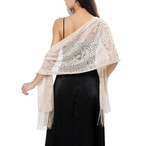 B-HOT Chales de encaje para mujer, bufanda floral con borlas de 200 cm, para bodas, vestidos de fiesta de noche, pashmina, beige, Talla única