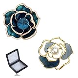レディース フラワー ブローチ コサージュ 2個セット パール ビジュー ローズ 花 セレモニー 卒業式 入学式 結婚式 フォーマル ギフト ケース付 (ピーコックブルー+ブラックゴールド)