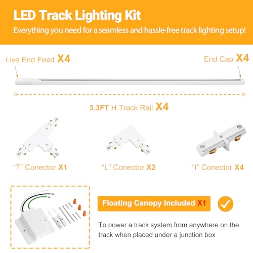 TuyuBEE 13FT H Track Lighting Rails Kit with Floating Canopy Connector, White H Type Track Rails with End Caps, Live End Feed and T L Connector, Compatible with Single Circuit H Style Track System