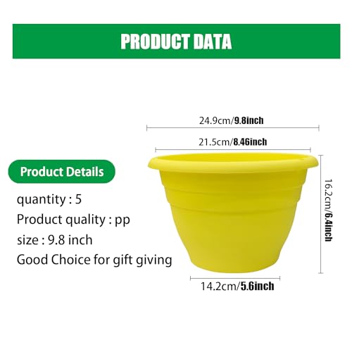Image of RooTrimmer 10 Inch Plant Pots Set of 5,Lightweight Plastic Planters with Drainage Holes & Plugs,Durable Plant Containers for Indoor Outdoor Houseplants,Flowers,Patio & Garden(Yellow)