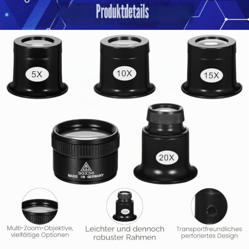 5 Stück Juwelier Lupe Uhrmacherlupe 5x/10x/15x/20x/30x, Tragbar Vergrößerungsglas Glas Schmuck Lupe, Uhrmacher Okular Juwelierlupe