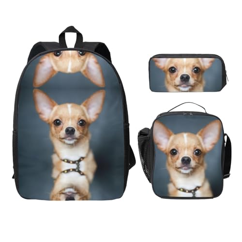 Sac à dos école imprimé chihuahua noir ensemble 3 pièces avec trousse et sac repas