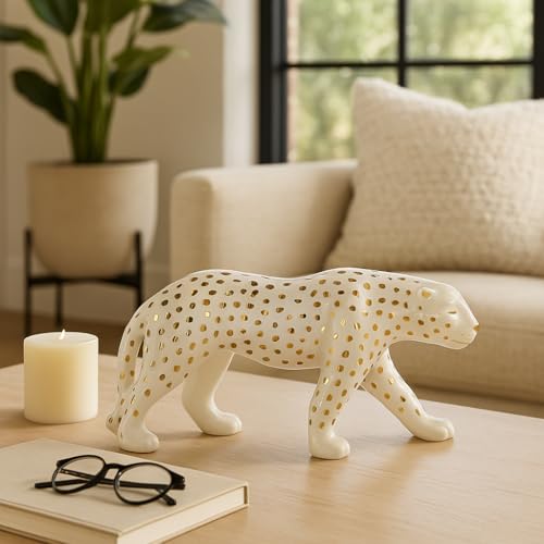 Escultura decorativa de leopardo caminando 8" blanco y dorado miniatura 3