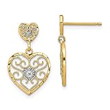 14k Two Tone Gold with Rhodium Plated Heart Beaded Filigree Dangle Earrings