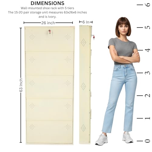 Image of 5 Door Wall Mounted Metal Shoe Rack Cabinet with Lock | Space Saving Shoe Storage Cabinet for Home, Entryway & Balcony | Dustproof Ventilated Shoe Organizer | Ivory | 63 x 26 x 6 Inch