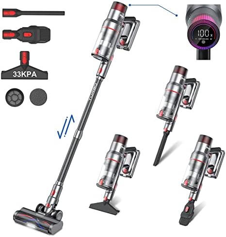 Vistefly V15 Cordless Vacuum Cleaner, 500W 33Kpa Stick Vacuum 5-in-1, Up to 60 Mins Runtime, LED Touch Display, 2500 mAh Rechargeable Powerful Suction Handheld Vac for Carpet Car Pet Hair