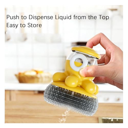 Image of Dish Brush with Dish Scrubber, Cute Octopus Dish Scrub Brush for Pots Sinks & Home Kitchen Wall-Mounted Soap Dispensing Cleaning Tool with Attachable Placement Slot, Include 3 Brush Head(Yellow)