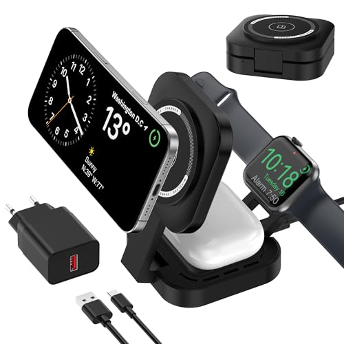 Chargeur sans Fil 3 en 1 pour appareils Apple, Chargeur Induction, 3 en 1 Station de Charge Rapide pour Magsafe iPhone 17/Air/16/15/14/13/12, Apple Watch, AirPods Pro/2/3/4 (Adaptateur Inclus) (Noir)
