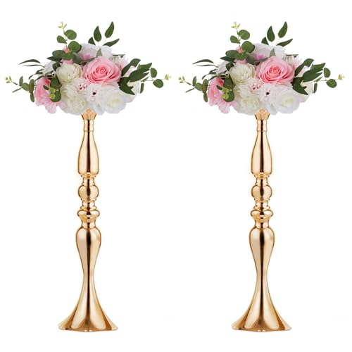 Nuptio Vases for Centerpieces 2 Pcs Gold Vases Wedding Centerpieces for Tables Versatile Metal Flower Arrangement for Wedding Party Dinner Centerpiece Decor (Gold, 19.7