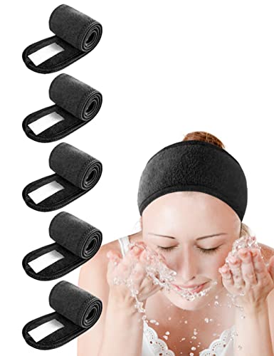 EUICAE Spa Headband 5-Pack Black Sweat Head Towel Wraps - Non-slip Stretchable Washable for Makeup Face Wash Facial Treatment Sports