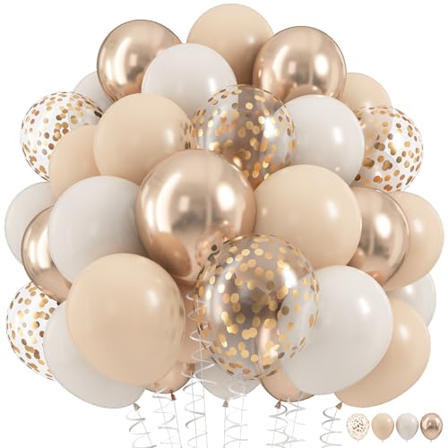 Beige and Champagne Gold Balloon Set, 60Pcs 12 Inch Nude Cream Retro White Sand Balloons with Metallic Champagne Gold Confetti Latex Balloons for Birthday Wedding Baby Bridal Shower Party Decorations