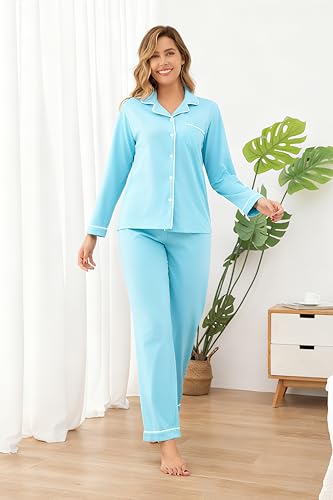 Image of 100% Cotton Pajama Sets for Women 2 Piece Long Sleeve Button Down Pjs Soft Comfy Ladies Sleepwear Lounge Sets S-XL