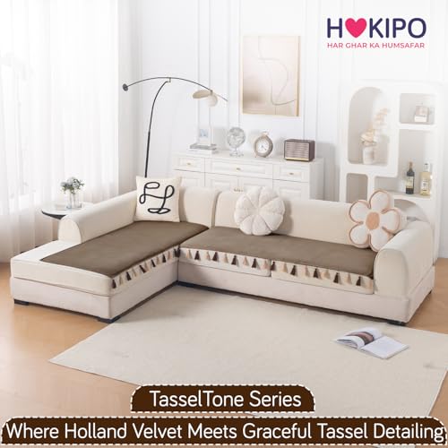 Image of HOKIPO Tassel Tone Sofa Cover L Shape 4 Seater Mat, Warm Taupe