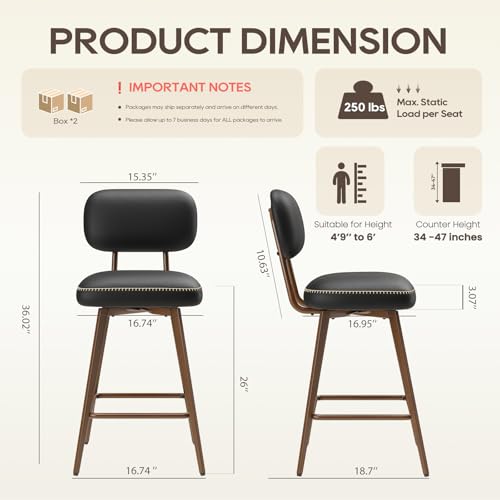 Image of MALOL 26 inch PU Leather Swivel Bar Stools Set of 4, Mid Century Counter Height Bar Chairs with Low Back and Metal Legs, Modern Bar Stool Chair for Kitchen Island, Black