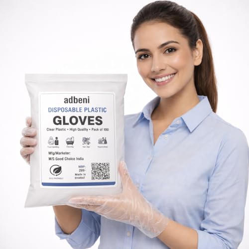 Image of adbeni Disposable Hand Gloves | Transparent & Waterproof | Premium | Clear Plastic PE for Kitchen, Food Handling, Cleaning, Hair Dye, Salon, Multipurpose Use | Powder-Free | Pack of 100 Pcs