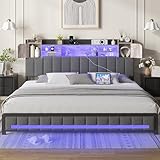 Dnxao King Size Floating Bed Frame and Bookcase Storage Headboard, LED Upholstered Floating Bed Frame King with Charging Station, No Box Spring Needed, Charcoal Gray