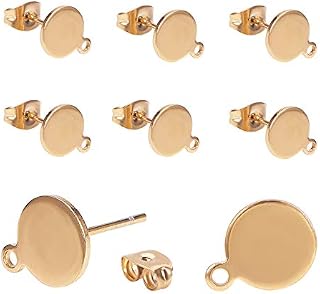 PandaHall 10pcs Flat Round Golden 304 Stainless Steel Stud Earring Findings Components for DIY Jewellery Making