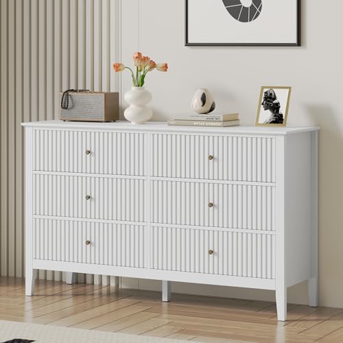 RoyalCraft White 6 Drawer Dresser for Bedroom, Fluted Painted Wood Chest of Drawers, Modern TV Stand Storage Cabinet for Living Room, Entryway, 47' W x 16' D x 32' H