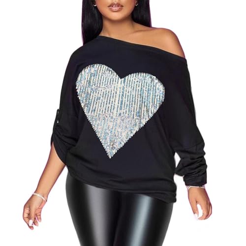 PESION Womens Off The Shoulder Tops Sexy Shiny Metallic Shirts Long Sleeves Fashion Graphic T-Shirts Blouses Black+ Silver Heart Medium