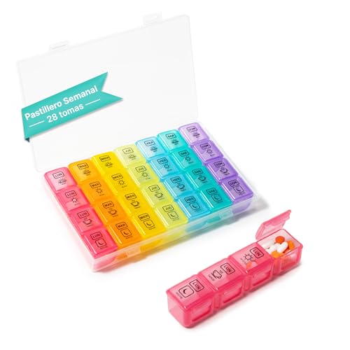 MAMAPAS Pastillero Semanal 28 tomas en Español - Pastillero Diario Grande para 7 Días, organizador de medicamentos con gran capacidad Ideal para Viajes y Uso en Casa