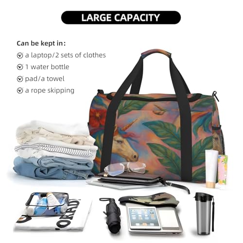40l Gym Travel Duffel Bag Hibiscus Flowers Leaf White Horses Carry-On Workout Overnight Backpack3
