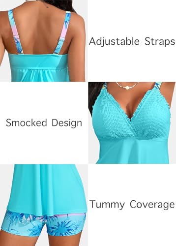 Image of ROSEWE Womens Tankini Bathing Suits, Two-Piece Smocked Swim Dress, Print Swimsuits with Board Shorts