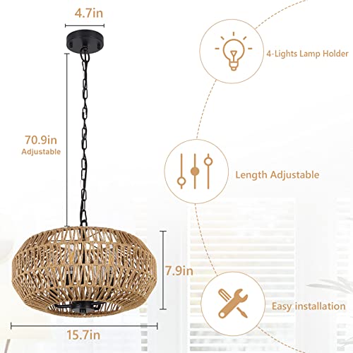 Farmhouse Rattan Pendant Lights, 15.7" 4-Light Boho Chandelier Light Fixture, Wicker Hand Woven Basket Pendant Hanging for Dining Room Living Room Kitchen Island Bedroom Foyer, Height Adjustable by Stepeak - Used condition - Image 3