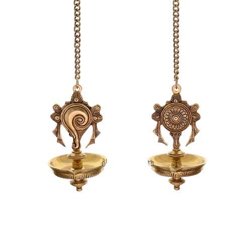 Ekaa Handicrafts Handmade Brass Shankh Chakra Lamp Hanging (8.89 cm x 8.89 cm x 15.24 cm, Golden Metal) | Show Piece for Home, Office, Living Room, Temple