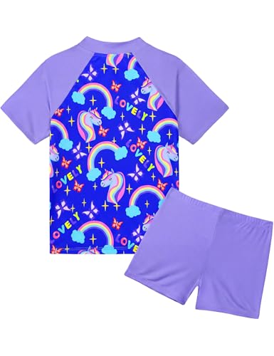 Image of Girls Swimsuit Colorful Short Sleeve Bathing Suits UPF 50+ Rash Guard Set Two Piece Summer Swimwear