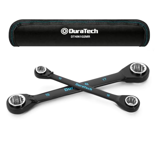 Image of DURATECH 4-in-1 Reversible Ratcheting Box Wrench Set, Metric, 2 Pcs, Black | Double Box End, 8mm, 10mm, 12mm, 13mm & 14mm, 15mm, 17mm, 19mm, CR-V Steel, Black Electrocoat, Rolling Pouch