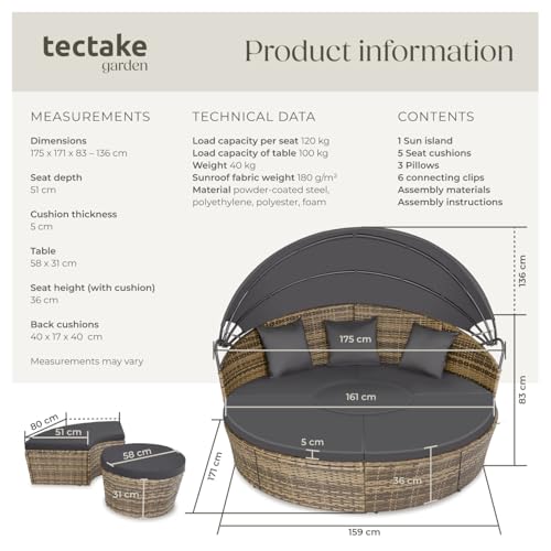 tectake® 5-Piece Modular Rattan Garden Daybed with Fold-Out Sun Canopy, UV-Resistant Rattan Garden Furniture Set with Pillows, Sectional Sun Lounger Set for Patio, Backyard, Balcony - Nature 6 tectake® 5-Piece Modular Rattan Garden Daybed with Fold-Out Sun Canopy, UV-Resistant Rattan Garden Furniture Set with Pillows, Sectional Sun Lounger Set for Patio, Backyard, Balcony - Nature - Image 6