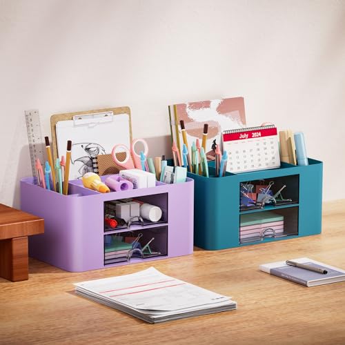 Image of Marbrasse Pen Organizer with 2 Drawer, Multi-Functional Pencil Holder for Desk, Desk Organizers and Accessories with 5 Compartments + Drawer for Office Art Supplies (Purple)
