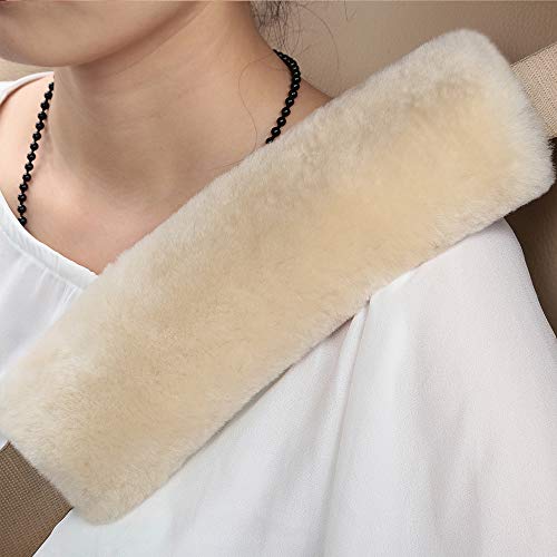 Image of OGLAND 2 Pack Sheepskin Car Seat Belt Cover Pads | Wool Seatbelt Cushions