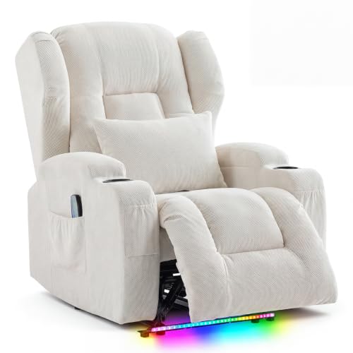 Image of Wall Hugger Power Recliner Chair, Overstuffed Home Theater Seating w /Heat Massage Electric Movie Gaming Sofa Reclining Sleeper Chair with LED Light /Lumbar Pillow /Cup Holders