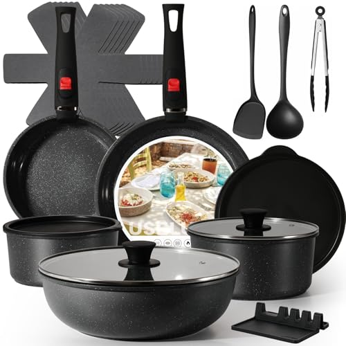 Ceramic Cookware Set, 21 Pcs Pots and Pans Set Nonstick with Detachable Handles, Stackable...