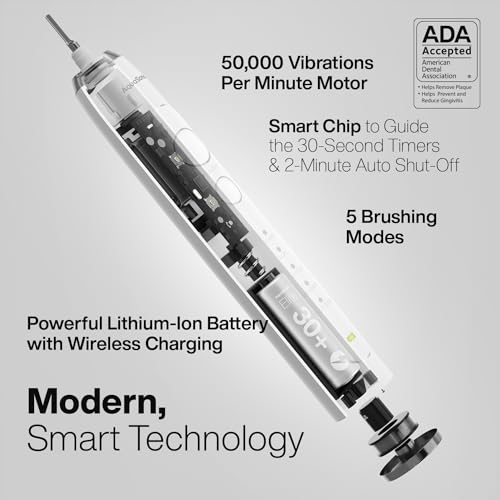 Image of Aquasonic Elite Ultra-Whitening Toothbrush - ADA Accepted Power Toothbrush - 8 Proflex Brush Heads & Travel Case - 50,000 VPM Motor & Wireless Charging - 5 Modes w Smart Timer (White)