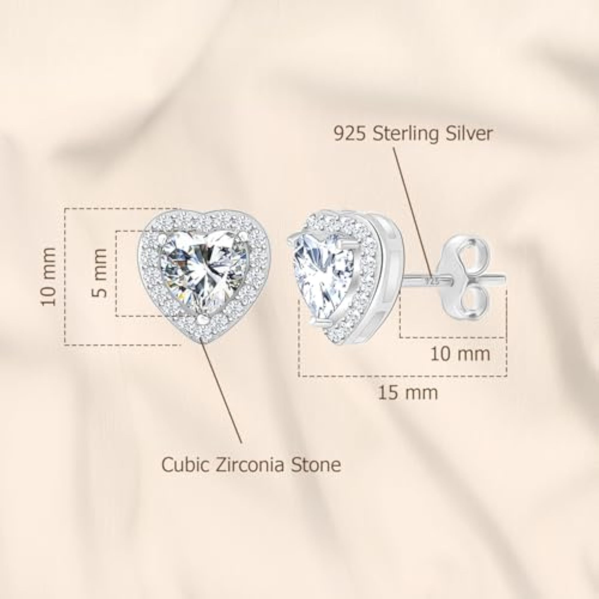 Women's 925 Sterling Silver CZ Heart Stud Earrings