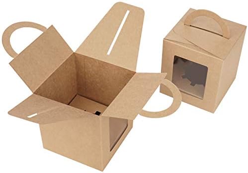 BELLE VOUS 50 Pack Brown Paper Kraft Single Bakery Pastry Boxes with Windows and Handle -9.39 x 9.39 x 10.66cm/3.7 x 3.7 x 4.2 inches- Disposable Packaging Boxes - Cookies, Cupcakes, Desserts & Pies