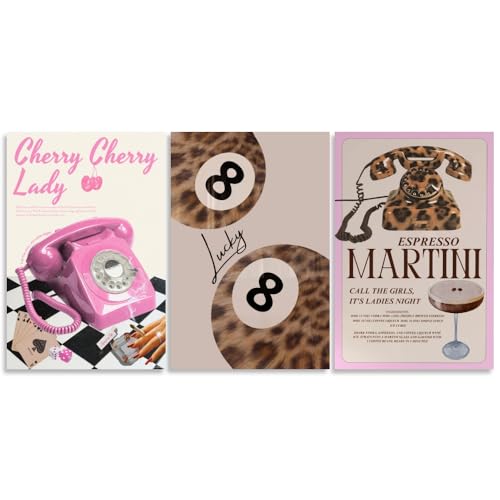 Trendy Leopard Wall Art Set of 3 Funky Cheetah Poster Espresso Martini Recipe Canvas Print Lucky 8 Ball Posters Preppy Pink Cherry Lady Fashion Art Gallery Girly Aesthetic Decor 8x12inch Unframed