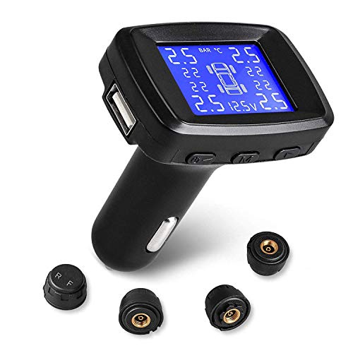 TPMS Sistema de Sensor de Presión Monitor sobre Neumático de Coche, Función de Alarma en Tiempo Real TPMS para Encendedor de Cigarrillos con 4 Sensores Externo Neumáticos de Coche Alarma Inalámbrico