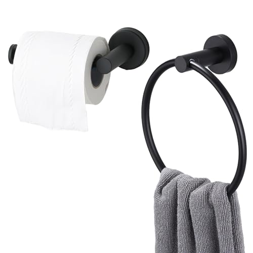 2 Pcs Toilet Roll Holder Towel Ring, Bathroom Accessory, Matt Black Hand Towel Holder, Self Stick on Toilet Roll Holder, Wall Mounted Stainless Steel Holder for Bathroom Kitchen Hotel