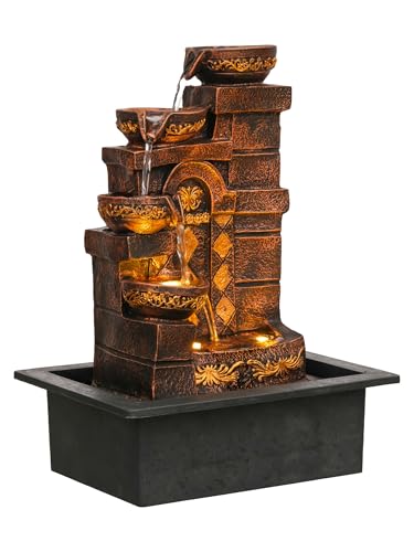 Image of CHRONIKLE Polyresin Designer Table Top Indoor Home Decor 4 Steps Waterfall Fountain with Yellow LED Lights & Water Flow Controller Pump (Size: 40 x 29.5 x 22CM | Weight: 2185grm | Color: Golden Brown)