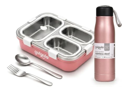 Image of Stainless Steel 3 Compartment Lunch Box with Leakproof Lid, Reusable Water Bottle & Spoon Set, Bento Style Tiffin Box for School, Office, College, Picnic, Travel & Daily Meal Storage (Pink)
