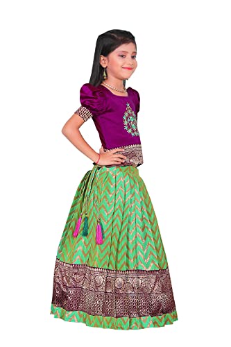 Image of FELIZ THE DESIGNER STUDIO Girl's Readymade Traditional Pattu Pavadai Lehenga Choli Kids( Purple-Pista 9-10 Years )