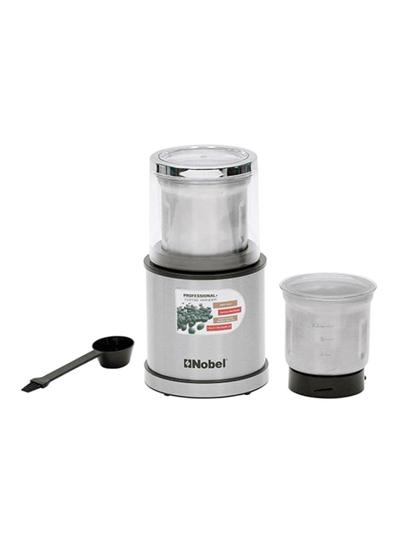 NobelPortable Coffee Grinder 75 Gm Capacity with Removable Stainless Steel Jar and Transparent main cover 200W With 1Pc Dry & 1Pc Wet Grinder Jar NB805 Silver/Black/Clear