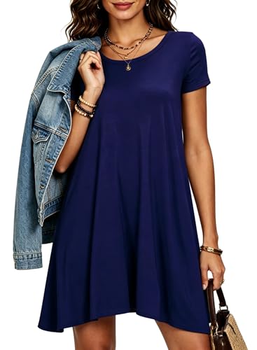 Image of Afibi Womens Short Sleeve Loose Pockets Dress Casual Swing T-Shirt Dresses