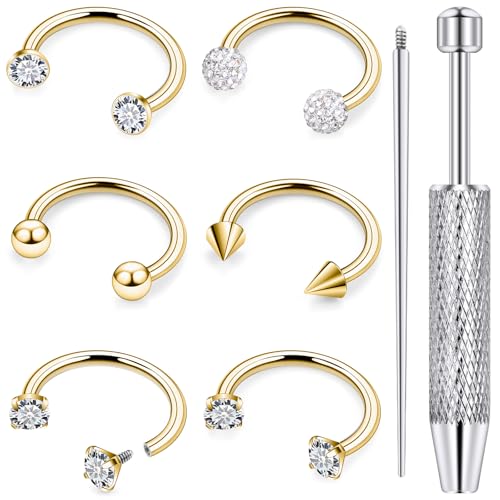 Rmsnxnnz 16G Horseshoe Septum Nose Ring Piercing Jewelry Stainless Steel Internal Thread Circular Barbell Daith Rook Earring Snake Bite Lip Ring Piercing Jewelry for Women 8MM CZ Spike Ball Gold