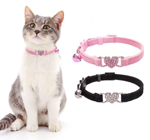 BINGPET Cat Collar Breakaway with Bell, Pack of 2 Heart Bling Collar Safety with Soft Velvet Adjustable for Kittens