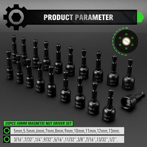 Image of 20-Piece Magnetic Nut Driver Set, Metric & SAE 1 /4 inch Hex Shank, Drill Socket Set, Impact Driver Bit Set, Magnetic Bit Holder with Aluminum Alloy Snap Clip, Quick Change Tool